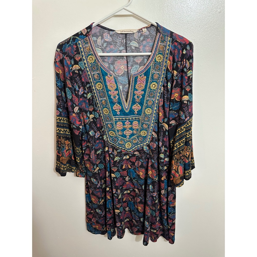 Soft Surroundings Floral Embroidered Velvet Bib Tunic Top Navy Blue 2DY81 L
